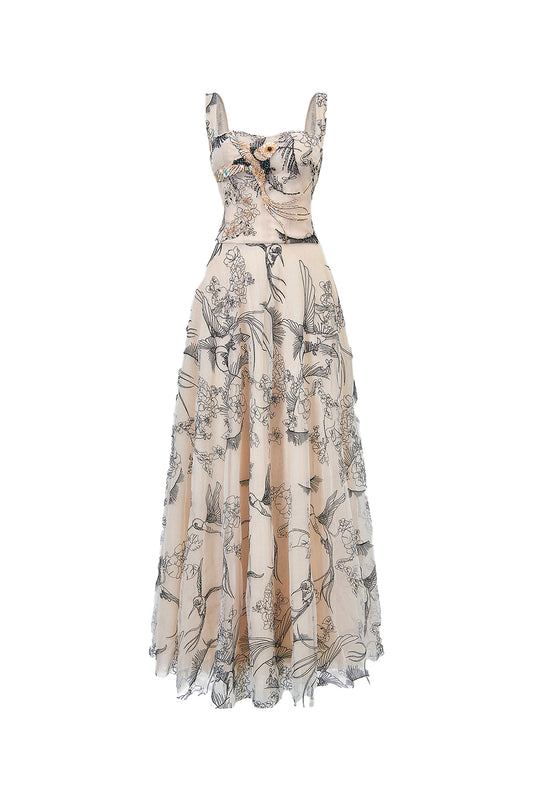 Timeless Crane A-line Semi-Heart Neck Tulle Maxi Dress