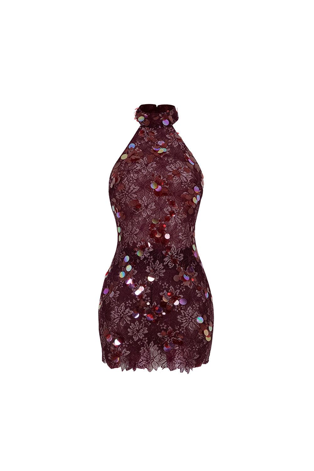 Women's Cherry Bodycon Halter Neck Lace Mini Dress XS/S/M/L/XL/Customize Wine Red Floral MEAN BLVD XS / Wine Red / Floral