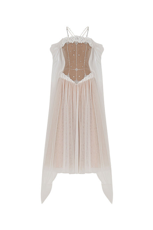 Luminous A-line Cape Sleeved Tulle Ankle Length Dress