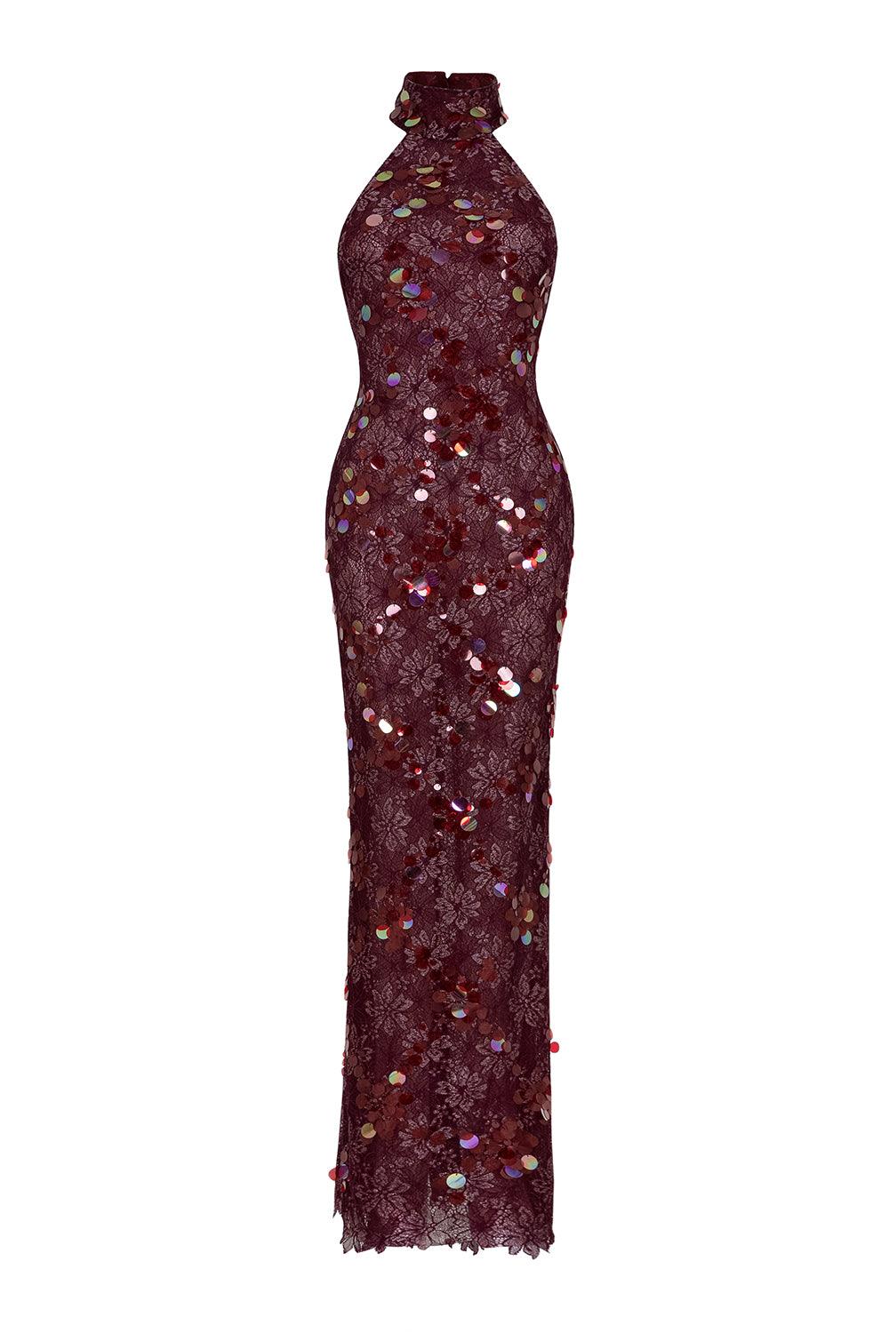sequin maxi dress red Women's Cherry Sheath Sequin Lace Floor Length Dress XS/S/M/L/XL/Customize Wine Red Floral MEAN BLVD XL / Wine Red / Floral