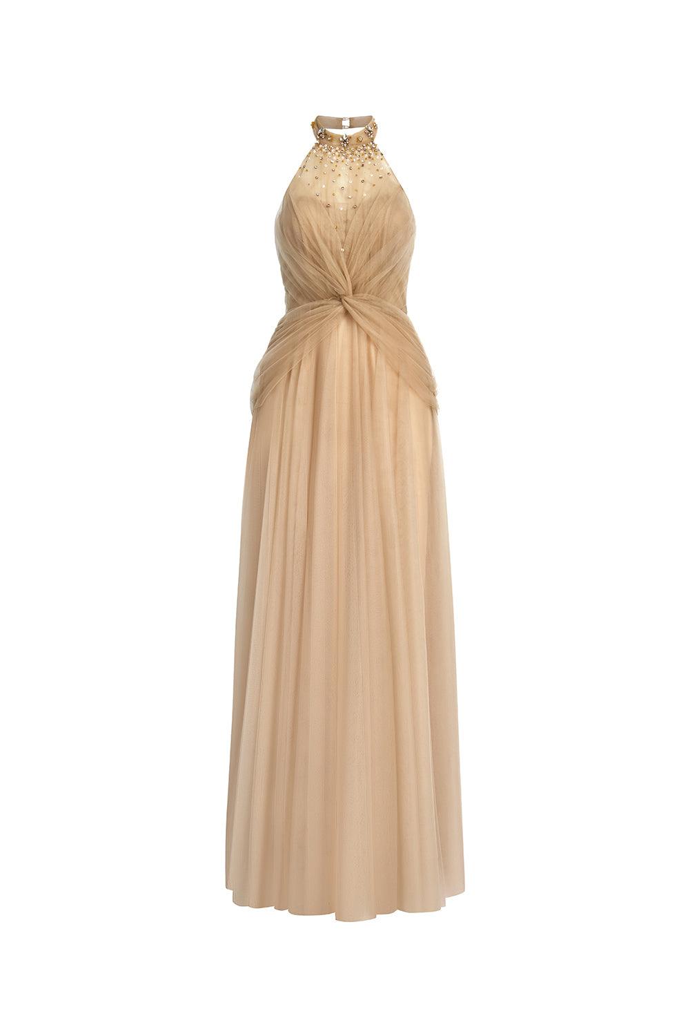 Women's Luxueuse Flared Halter Neck Mesh Long Length Dress S/M/L/Customize Brown MEAN BLVD Brown / M Women's Luxueuse Flared Halter Neck Mesh Long Length Dress S/M/L/Customize Brown MEAN BLVD Brown / M