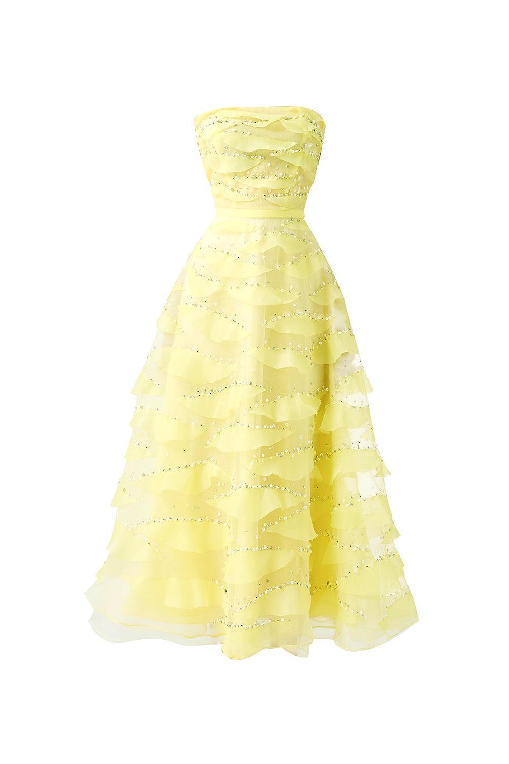 yellow fit and flare midi dress Women's Fatima Fit and Flare Straight Across Neck Organza Midi Dress XS/S/M/L/XL/Customize Light Yellow MEAN BLVD Light Yellow / XS