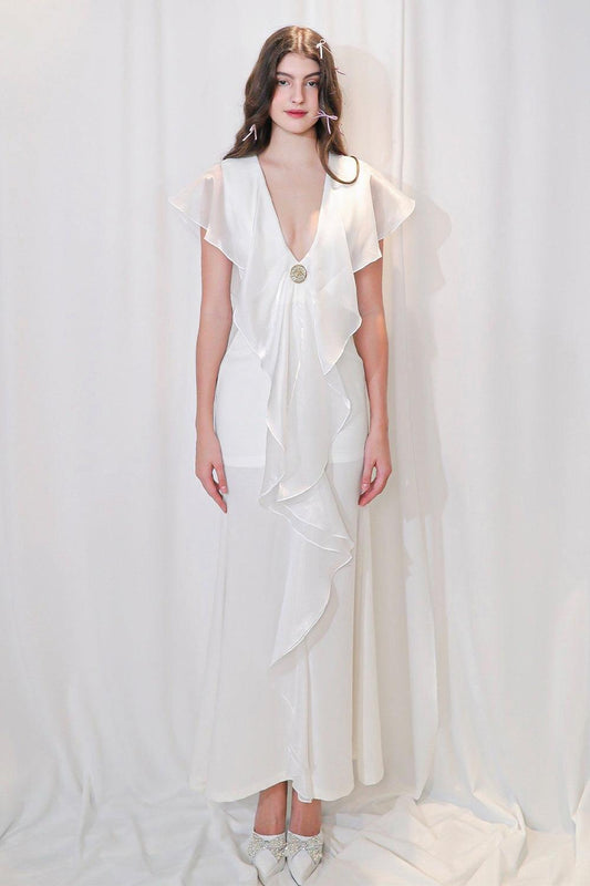 Celeste Trumpet V-Neck Organza Cotton Ankle Length Dress - MEAN BLVD