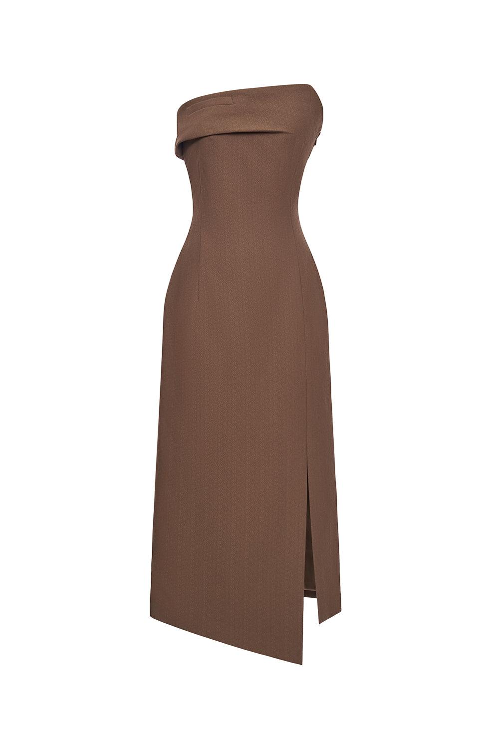 Women's Lyra Strapless Side Slit Crepe Midi Dress S/M/L/XL/Customize Brown MEAN BLVD Brown / S