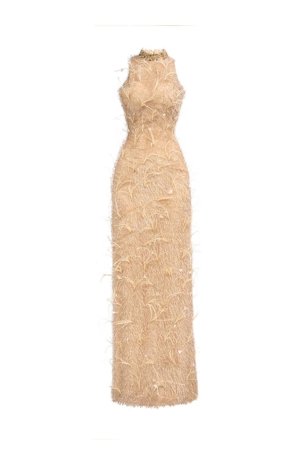 Women's Emersyn Sheath Feather Polyester Floor Length Dress XXS/XS/S/M/L/XL/XXL/3XL/Customize Beige MEAN BLVD Beige / XXL