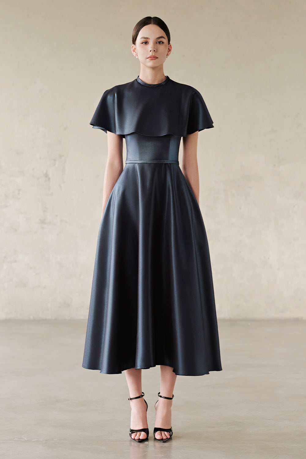 satin midi dress sleeves Women's Viella Cape Sleeve Satin Midi Dress S/M/L/Customize Sailor Blue MEAN BLVD Sailor Blue / M