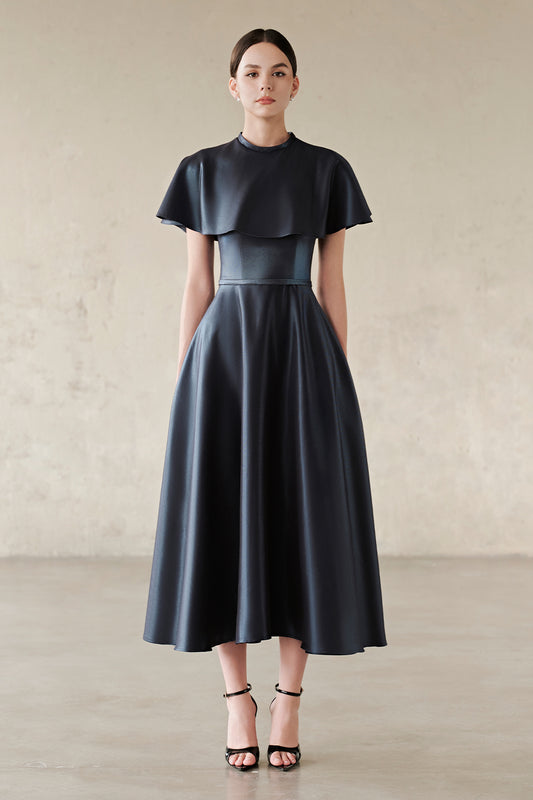 Viella Cape Sleeve Satin Midi Dress