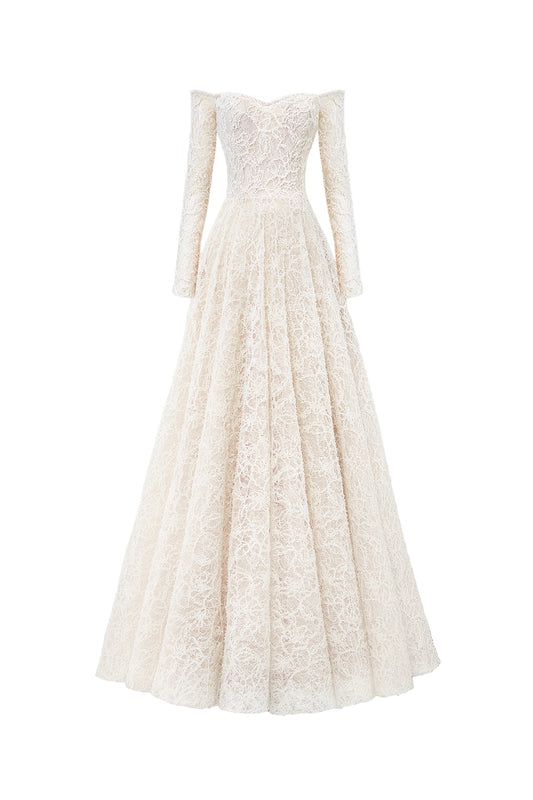 Ethereal Blossom Ball Gown Long Sleeved Lace Floor Length Dress