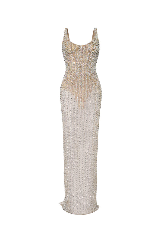 Vihaan Sheath Curved Neck Mesh Floor Length Dress