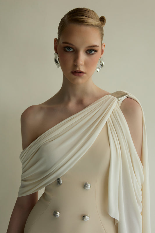 Roseberry Asymmetric Neck Button Maxi Dress