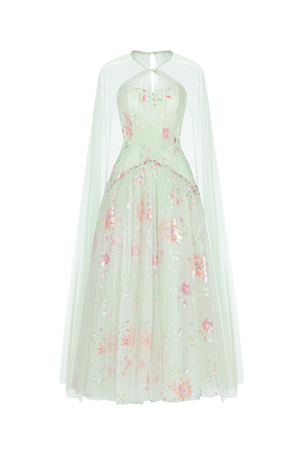 Women's Jarfin A-line Cape Shoulder Tulle Midi Dress XS/S/M/L/XL/Customize Pastel Green Floral MEAN BLVD M / Pastel Green / Floral Women's Jarfin A-line Cape Shoulder Tulle Midi Dress XS/S/M/L/XL/Customize Pastel Green Floral MEAN BLVD M / Pastel Green / Floral