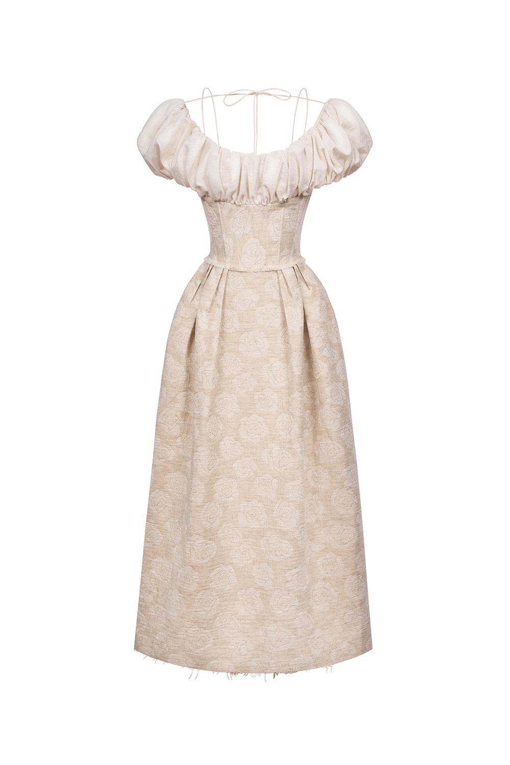 Women's Evelyn A-Line Corset Waist Linen Midi Dress S/M/L/XL/Customize Beige Floral Mean Blvd S / Beige / Floral Women's Evelyn A-Line Corset Waist Linen Midi Dress S/M/L/XL/Customize Beige Floral Mean Blvd S / Beige / Floral