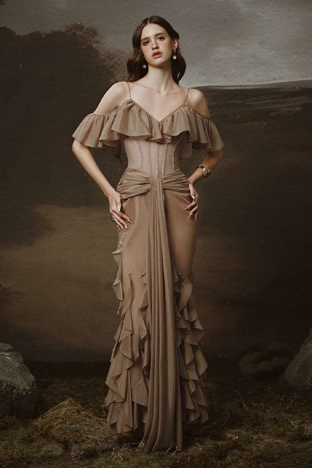 Women's Gaia Sarong Ruffle Layer Chiffon Ankle Length Dress XS/S/M/L/XL/Customize Mocha Brown Mean Blvd Mocha Brown / Customize