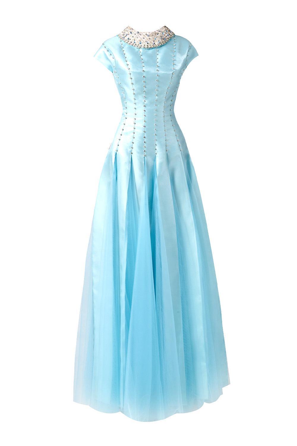 Women's Zuniga Gored High Neck Mesh Silk Maxi Dress XS/S/M/L/XL/Customize Blue MEAN BLVD Blue / Customize
