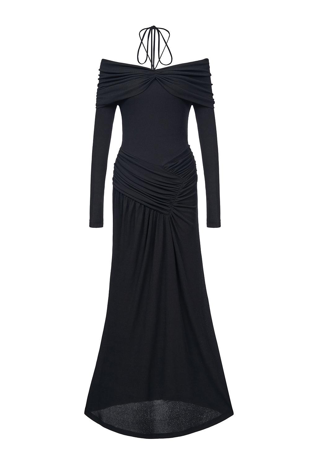 Women's Minerva A-line Gathered Rib Knit Ankle Length Dress S/M/L/XL/Customize Black/White MEAN BLVD Black / Customize