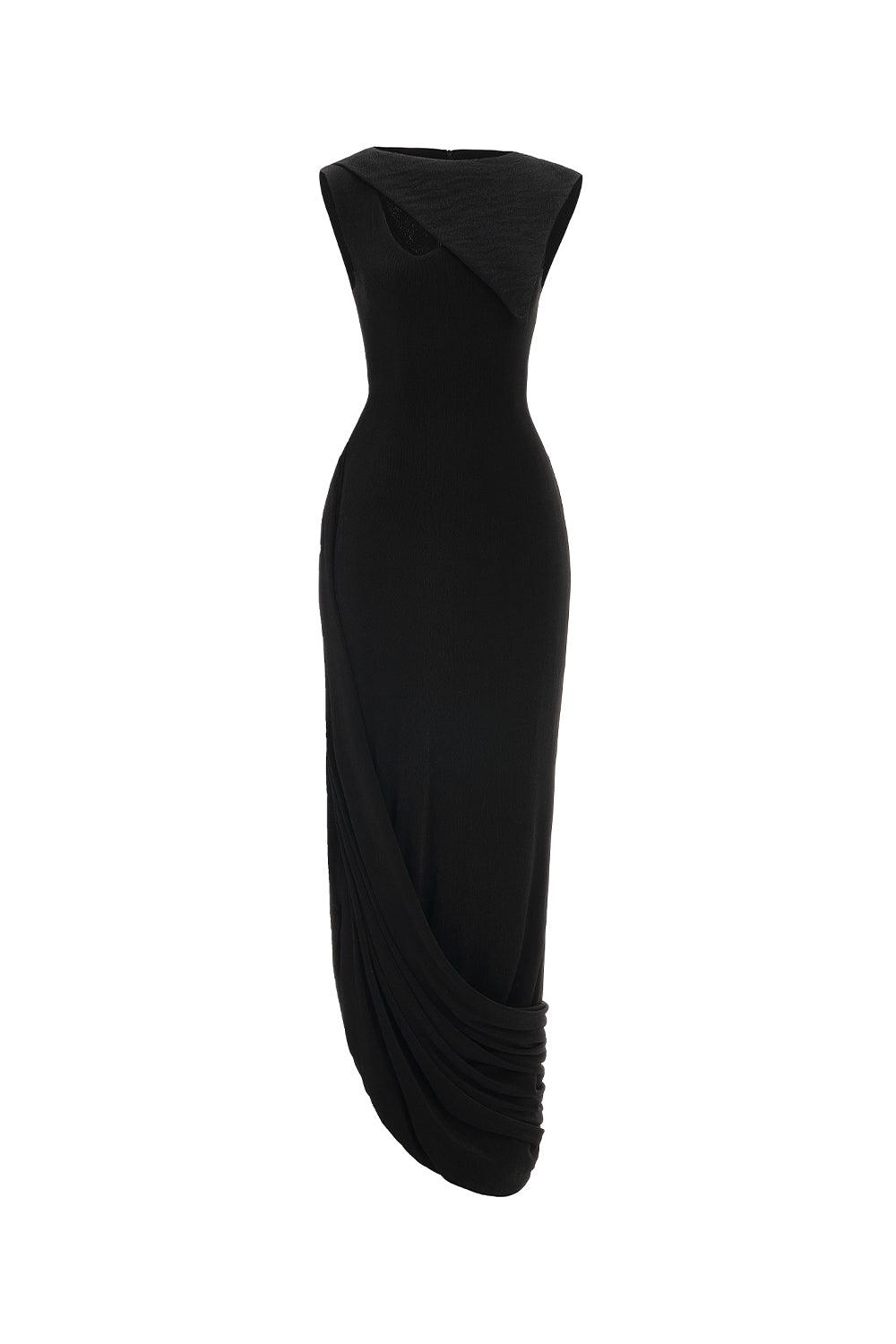 Women's Primrose Asymmetric Boat Neck Elastic Cotton Ankle Length Dress XS/S/M/L/XL Black MEAN BLVD Black / XXL