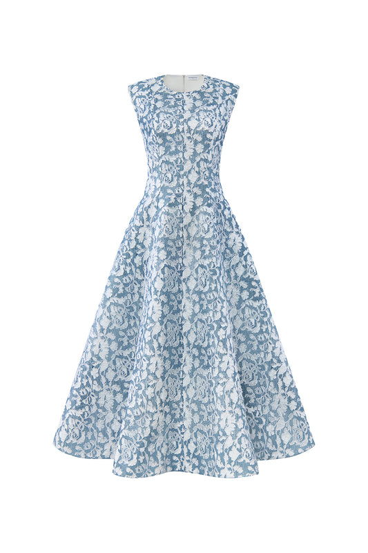 Azure Dream Fit and Flare Sleeveless Taffeta Midi Dress