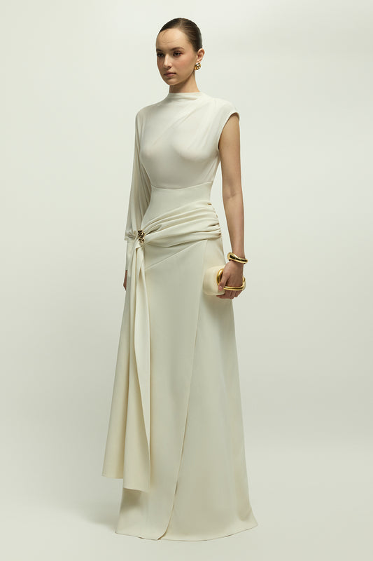 Orlean Asymmetric Sleeve Draped Maxi Dress