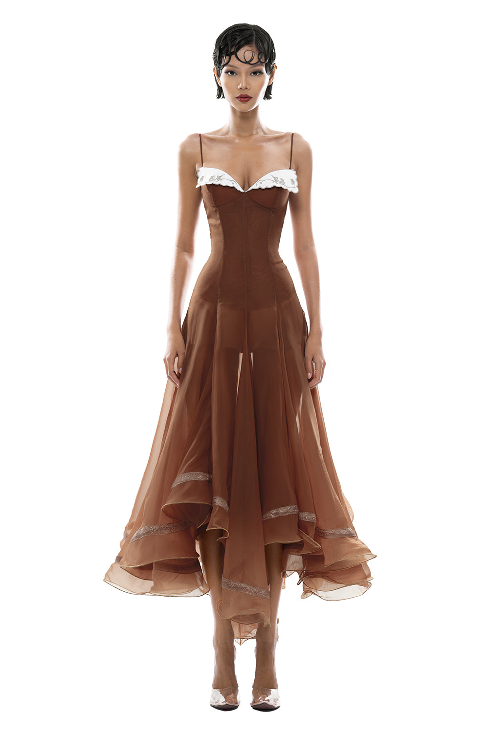 illustration draped midi dress Women's Liane Sweetheart Draped Midi Dress XS/S/M/L/Customize Smoked  Paprika MEAN BLVD