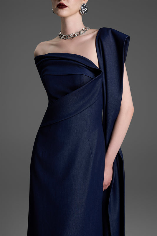 Mireille Asymmetric Neck Draped Maxi Dress