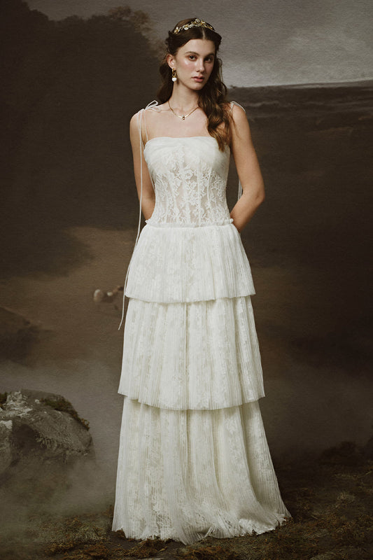 Hestia Tiered Tie String Lace Floor Length Dress