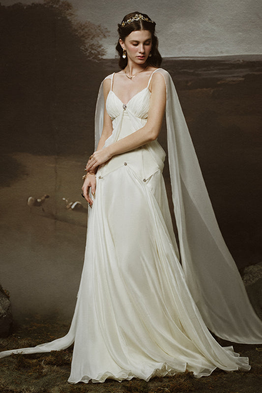 Thalia A-line Cape Sleeved Chiffon Floor Length Dress