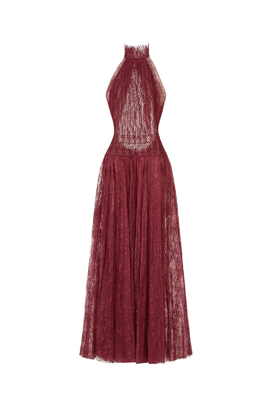 Burgundy Smocked Lace Maxi Dress