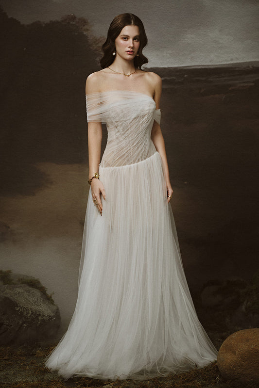 Seraphine A-line Asymmetric Shoulder Tulle Floor Length Dress