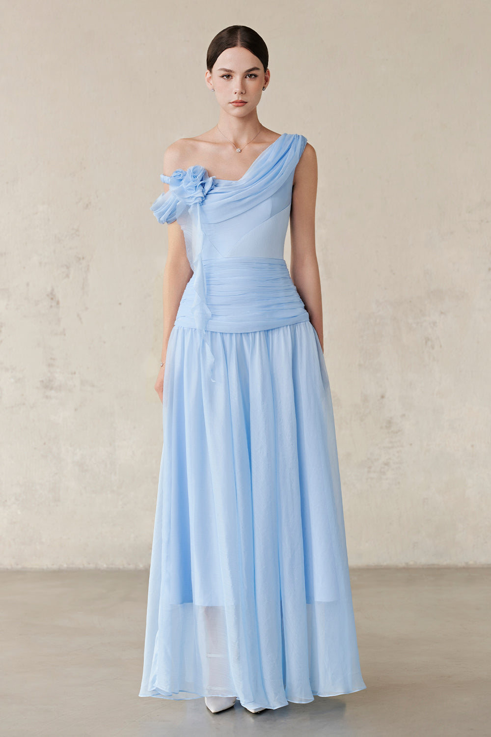 Women's Venus Asymmetric Neck Applique Maxi Dress S/M/L/Customize Baby Blue  MEAN BLVD