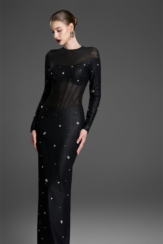 Alessia Mock Neck Rhinestones Maxi Dress