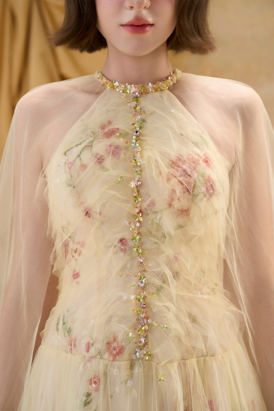 Aurelie Cape Sleeve Bead Maxi Dress