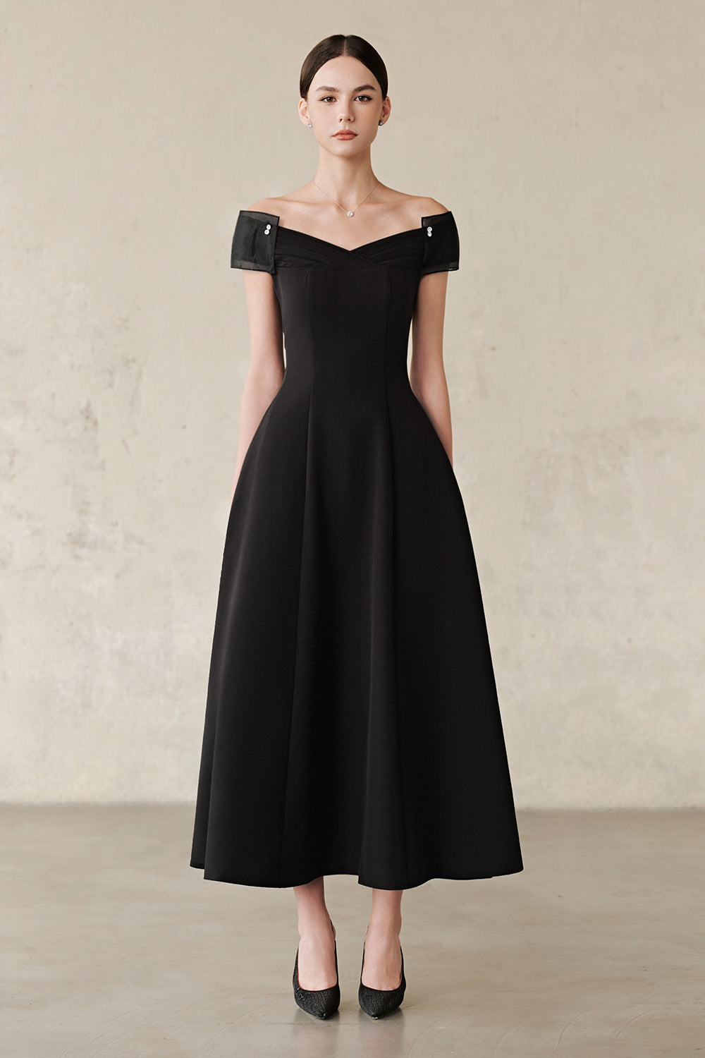 draped off shoulder dress Women's Merit Off-Shoulder Draped Midi Dress S/M/L/Customize Black MEAN BLVD Black / S