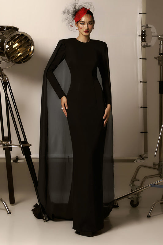 Savanna Sheath Cape Shoulder Crepe Maxi Dress