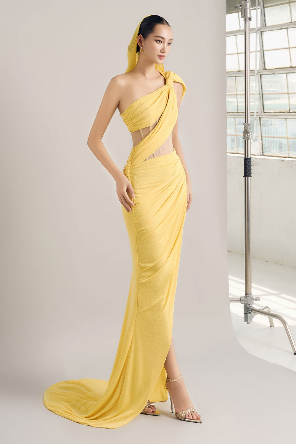 spandex mermaid dress Side Draped Beige Spandex Mermaid Flounced Dress