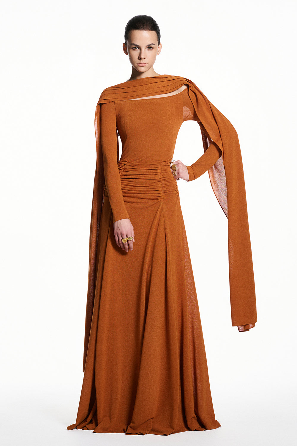 Women's Majesta Off-Shoulder Gathering Maxi Dress S/M/L/XL/Customize Burnt  Orange MEAN BLVD