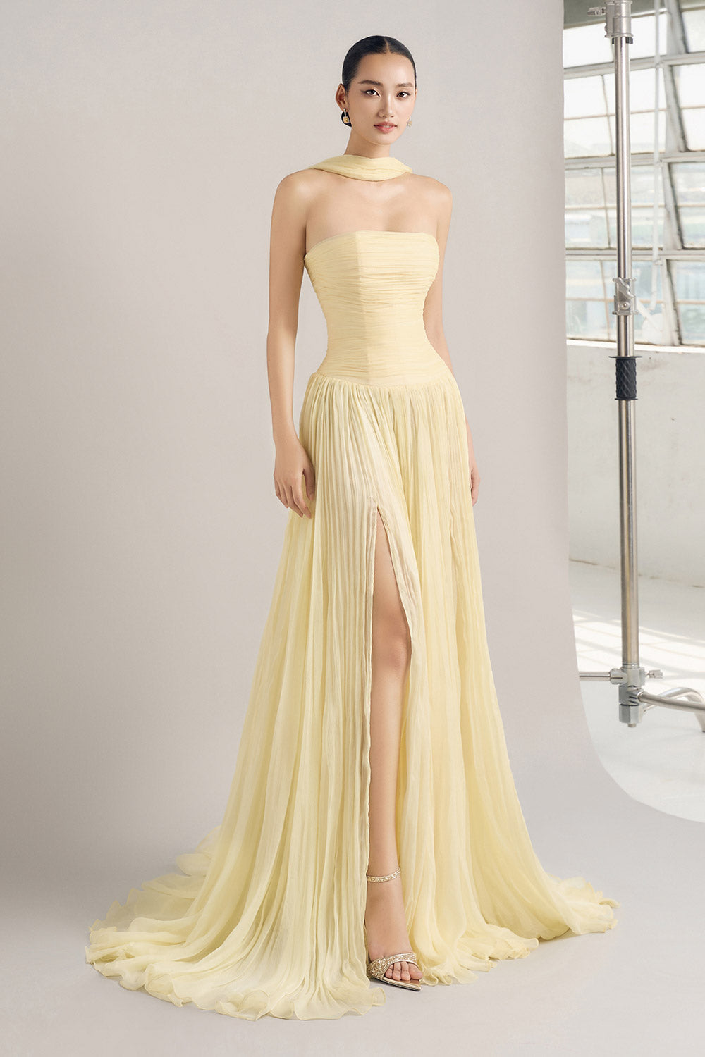 Women's Isobel Gathered Front Slit Silk Chiffon Floor Length Dress XS/S/M/L/Customize Pastel Yellow Mean Blvd