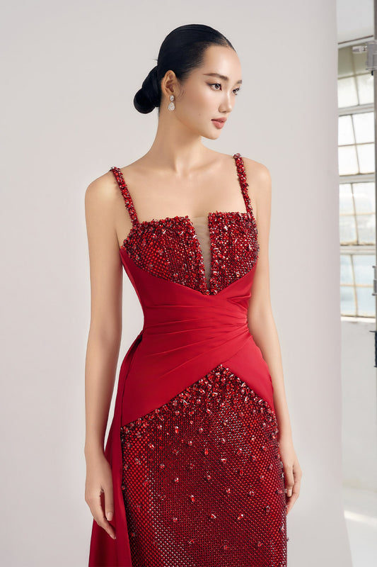 Claudia Sheath Square Neck Mesh Silk Floor Length Dress