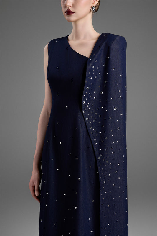 Lucia Asymmetric Neck Rhinestones Maxi Dress