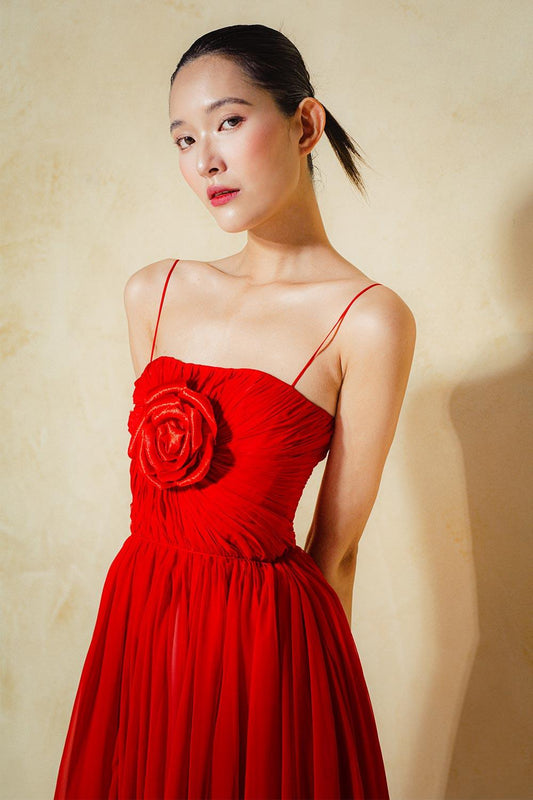 Rosales A-line Spaghetti Strap Organza Voile Midi Dress