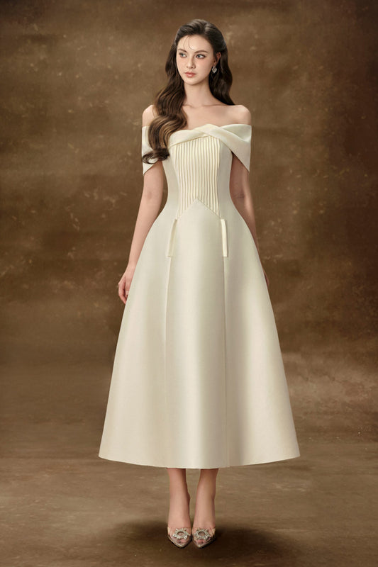 Hebera A-line Off-Shoulder Trerena Taffeta Midi Dress