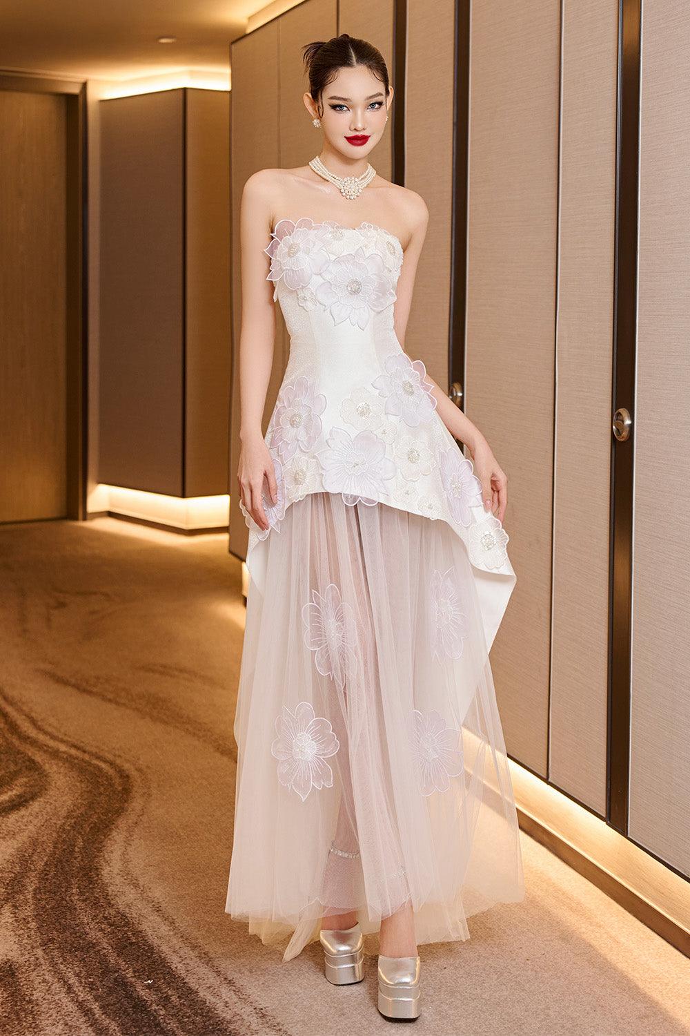 Women's Opulent Layered Straight Across Neck Mesh Taffeta Floor Length Dress S/M/L White MEAN BLVD White / L Women's Opulent Layered Straight Across Neck Mesh Taffeta Floor Length Dress S/M/L White MEAN BLVD White / L