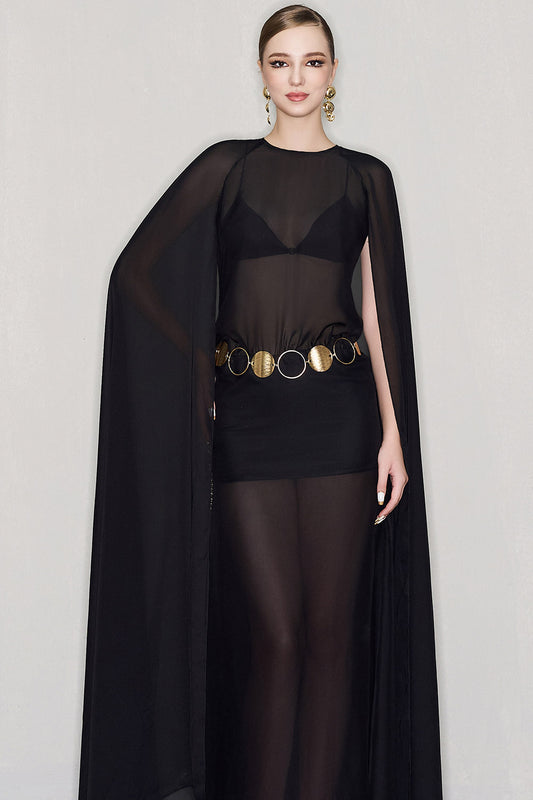 Ambrose Cape See-Through Chiffon Floor Length Dress