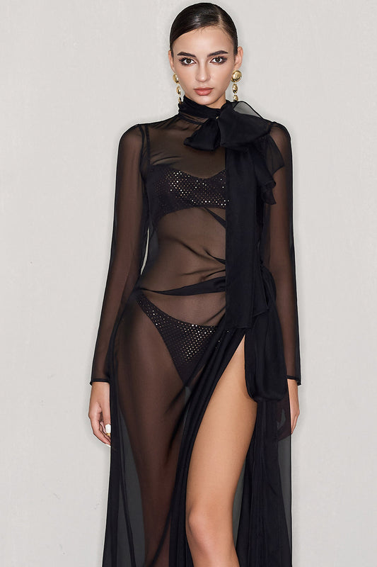 Kemp Slit Tie Neck Organza Voile Floor Length Dress