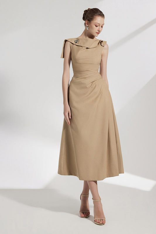 Solene A-line Sleeveless Khaki Silk Midi Dress