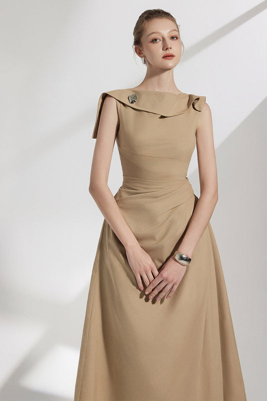 Solene A-line Sleeveless Khaki Silk Midi Dress
