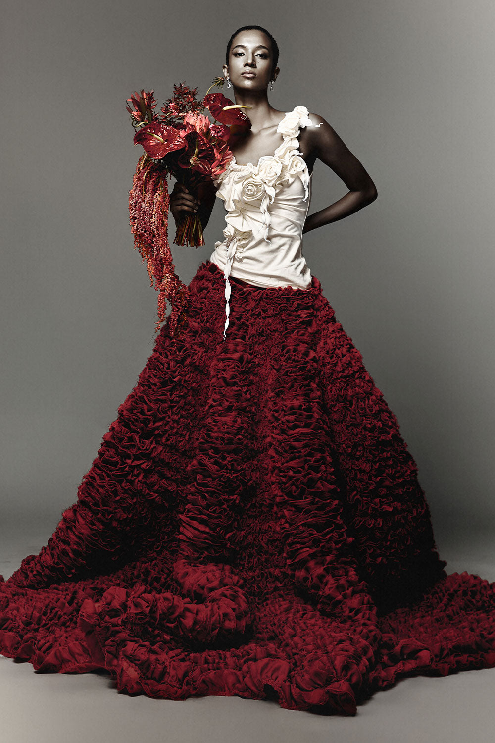 Women's Ilaria Ball Gown Flower Applique Chiffon Floor Length Skirt Customize Maroon Mean Blvd