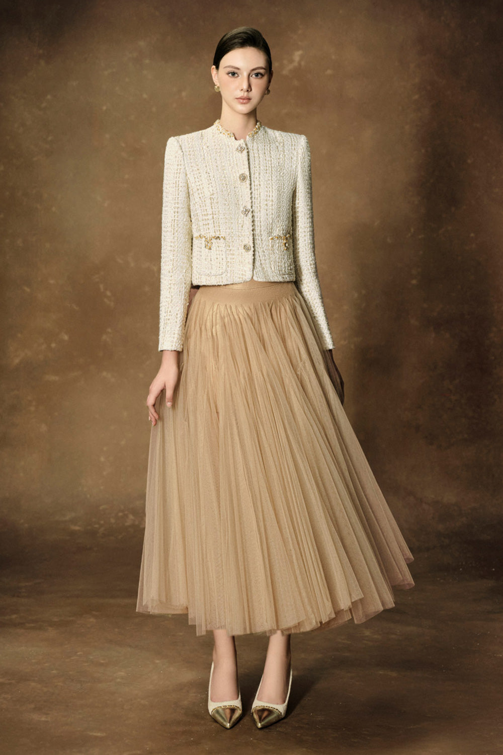 gemma tweed maxi dress Women's Rowena Straight Long Sleeved Tweed Jacket S/M/L/Customize Cream White MEAN BLVD Cream White / Customize