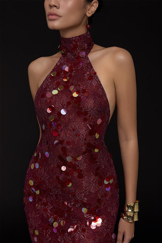 Cherry Sheath Sequin Lace Floor Length Dress