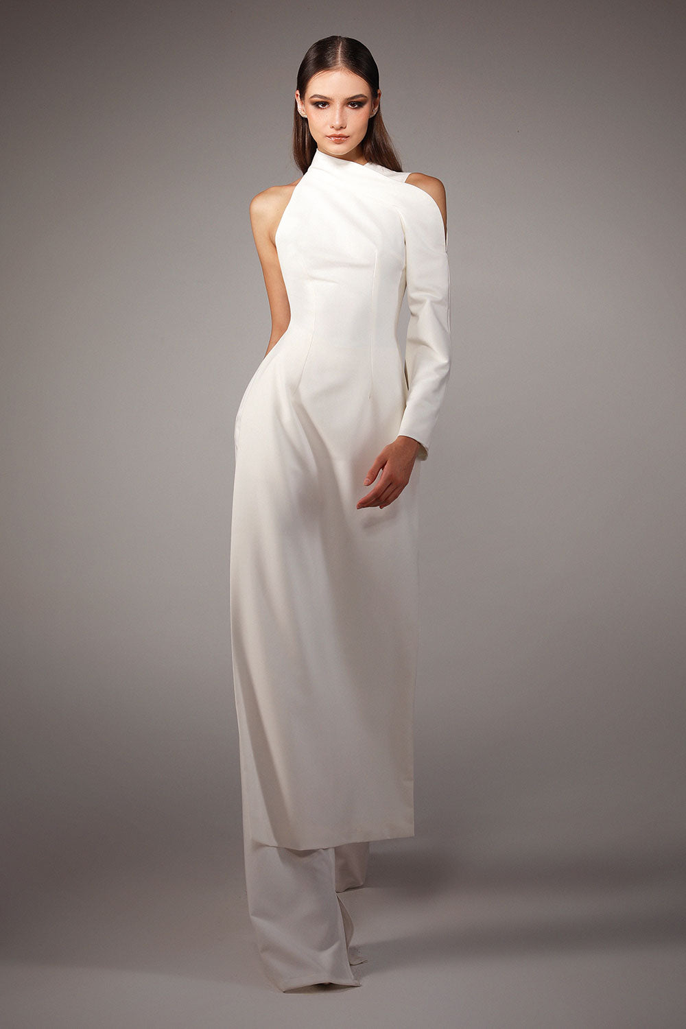 Women's Bandeau A-line Asymmetric Sleeved Wool Cotton Floor Length Ao Dai  Set 0/1/2/3/Customize White MEAN BLVD