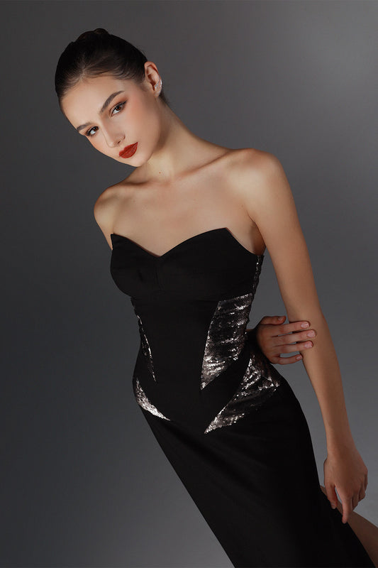 Reeta Trumpet Semi-Heart Neck Wool Cotton Midi Dress